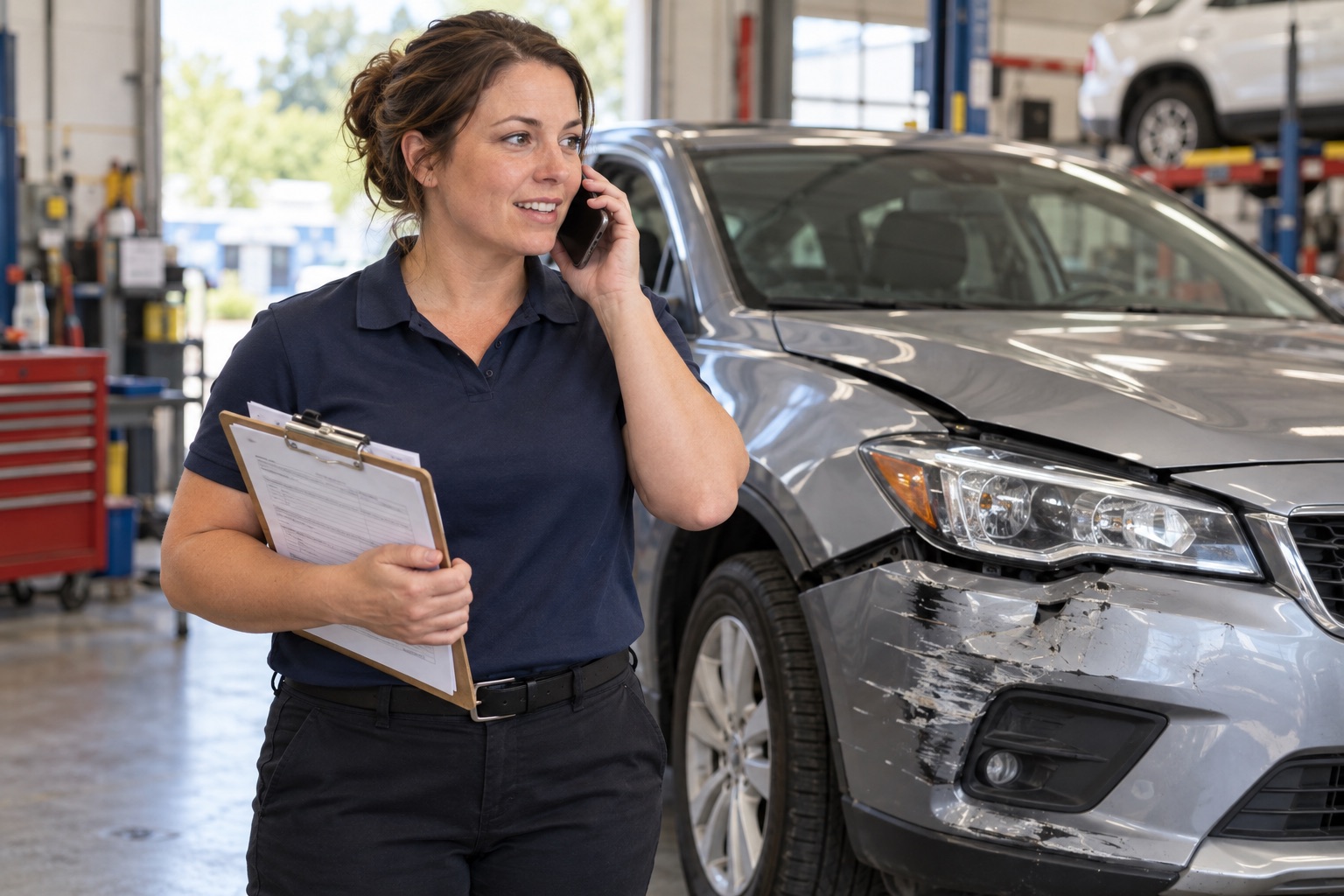 A claims coordinator holding paperwork and speaking by phone beside a damaged vehicle