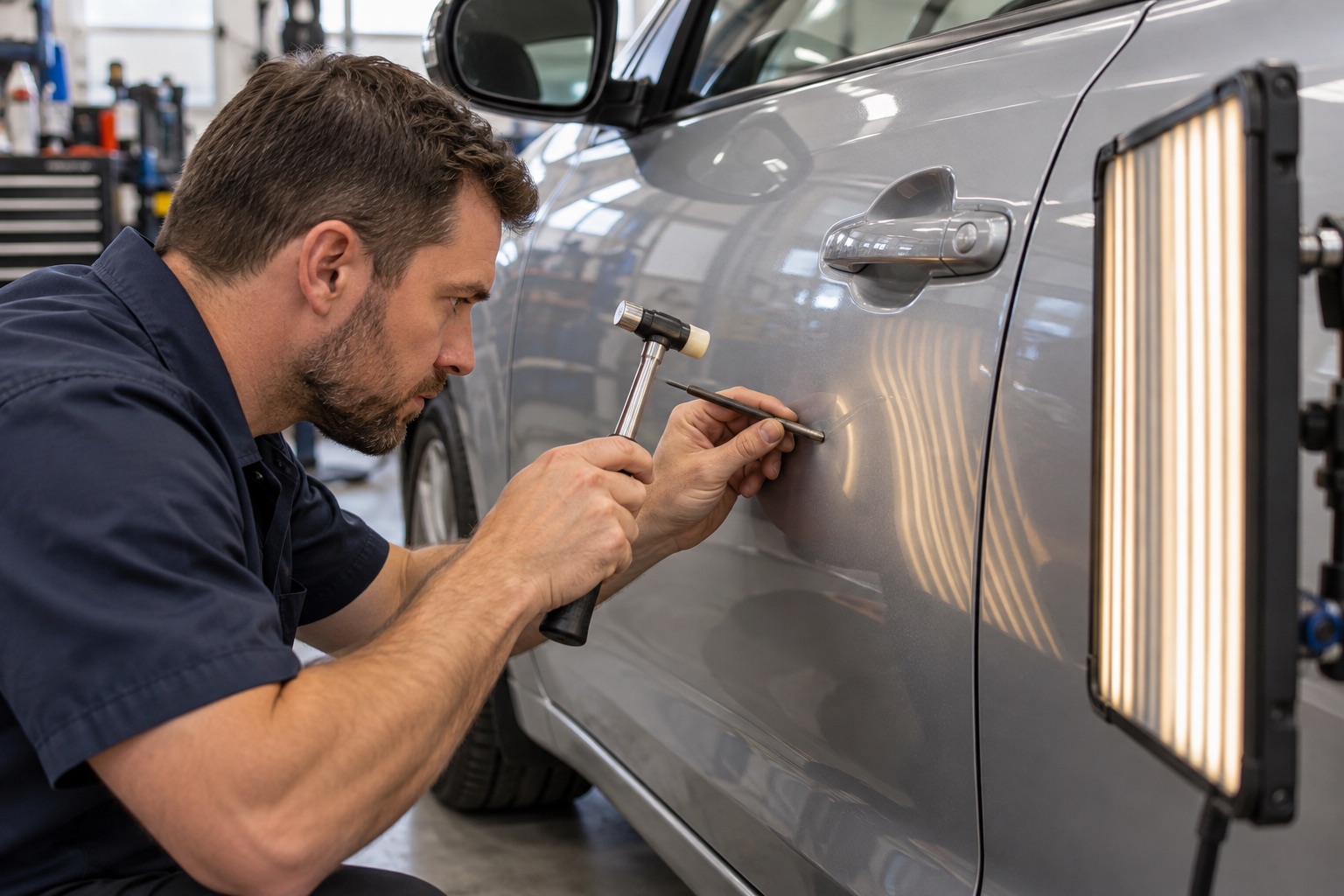 A technician using paintless dent repair tools and a reflection board on a car door